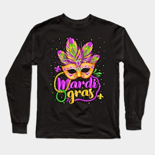 Mardi Gras 2024 Womens Girls Mask Beads New Orleans Party Long Sleeve T-Shirt